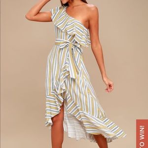 Lulus high tide yellow striped one shoulder dress